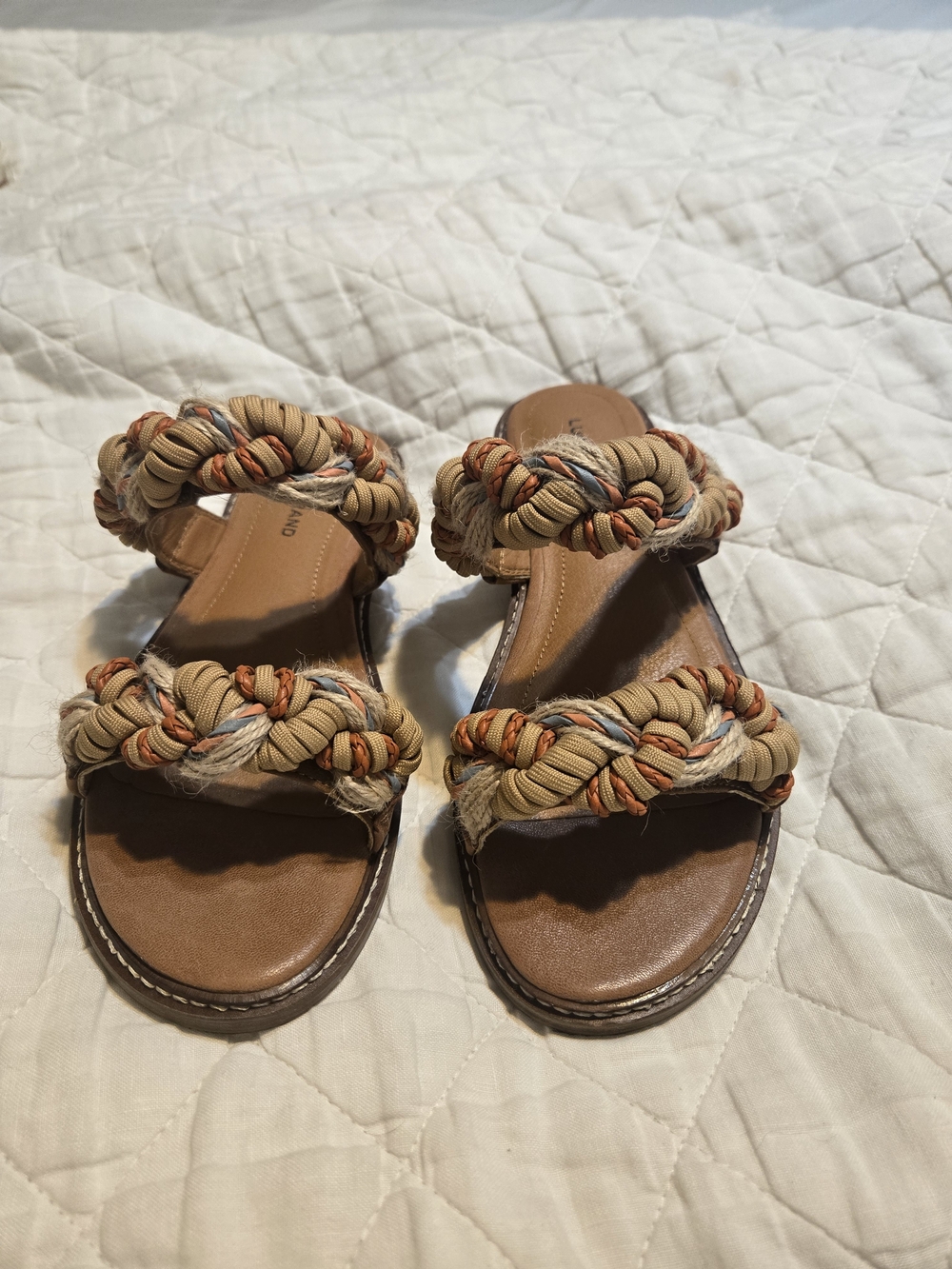 Lucky Brand Slide Sandals. Braided Double-Strap Sandals in Tan and Orange